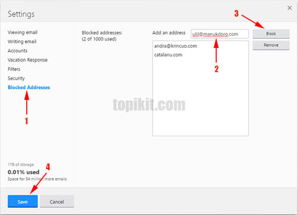 Memblokir pengirim Yahoo! Mail melalui email address dan domain