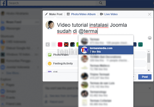Melakukan tag teman group pace postingan Facebook