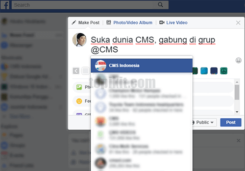 Melakukan tag teman group pace postingan Facebook