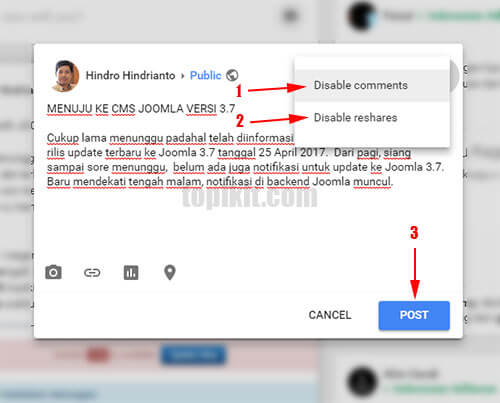 Menonaktifkan komentar membagikan ulang Google Plush